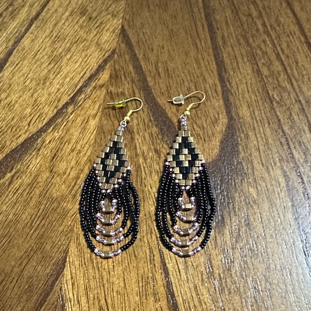 Beaded Teardrop Dangle Earrings - Black and Gold